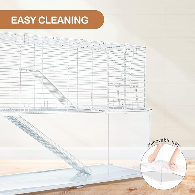 OIIBO 3 Tiers Large Hamster Cages, Glass Hamster Cage Habitat with Openable Wire Topper, Gerbil Cage with Two Ladders Ramps and Removeable Waterproof PVC Tray, Easy to Clean