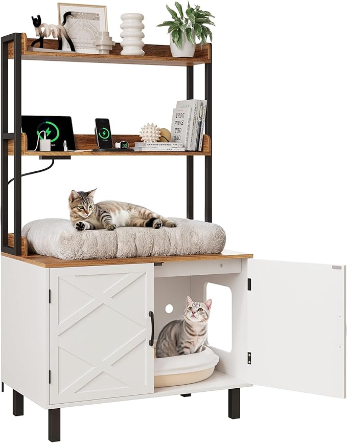 55 Inches Cat Litter Box Enclosure, Hidden Litter Box Furniture with 2 Storage Shelves and Charging Sockets, Wooden Cat House, Large Indoor Cabinet for Living Room & Entryway, White