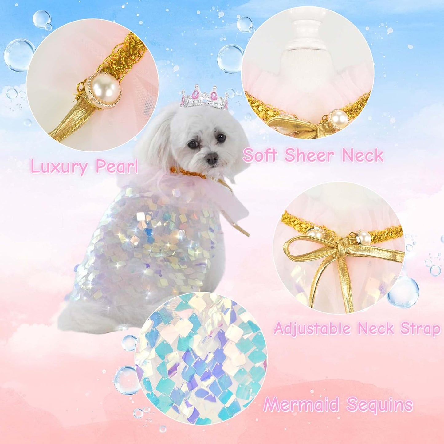Dog Princess Dress Costume with Rhinestones Crown,Pet Cat Cape Cloak Birthday Party Wedding Dress Up Outfits,Rainbow Mermaid Halloween Costume Clothes (X-Small to X-Large)