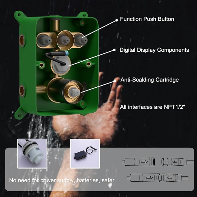 Shower System Brushed Nickel Shower Faucet Set with 12 Inch Ceiling Mounted and 8 Inch Wall Mounted Dual Shower Head and Handle Set with Temperature Display Function