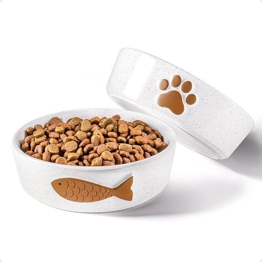 Ceramic Cat Bowls Whisker Friendly - Ceramic Cat Bowl Set of 2 Cute Designs with Anti-Slip Bases - Dishwasher & Microwave Safe Food and Water Bowls for Cats - Dishes for Cats - Kitten Food Bowl Set