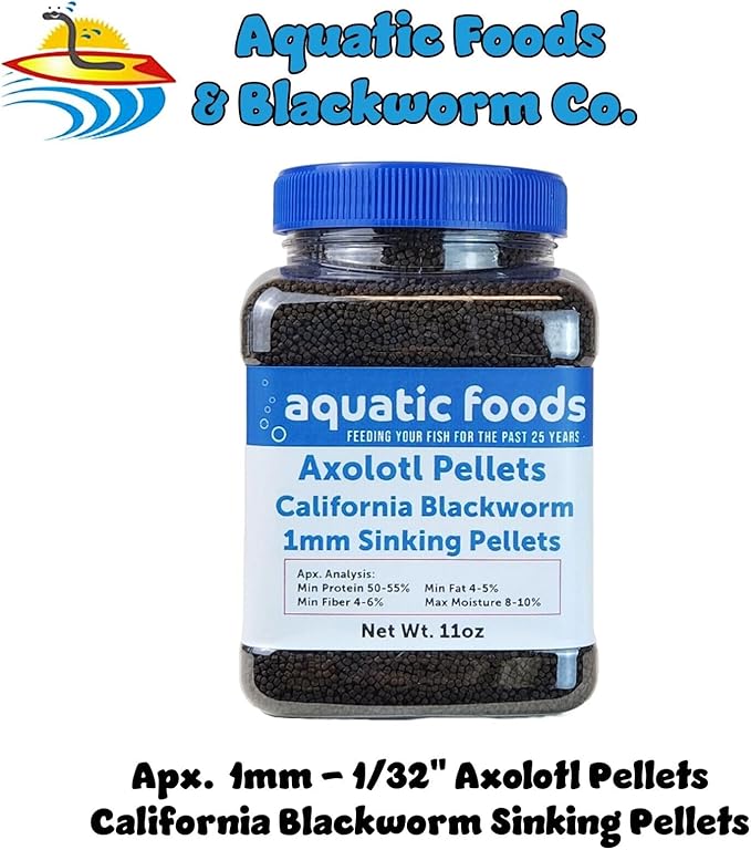 Aquatic Foods Inc. Axolotl Blackworm Pellets. 1mm-1/32 Sinking California Blackworm Micro Pellets for Baby Axolotl, Frogs, Shrimp, Salamanders, Newts, Snails…11oz Jar