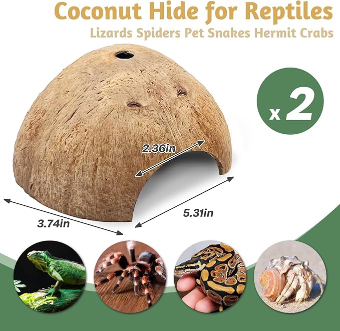 PINVNBY 2 PCS Natural Coconut Reptile Hideouts Lizard Coco Hut Hermit Crab Hut Aquarium Fish Hide Cave Spider Snail Climber Toys