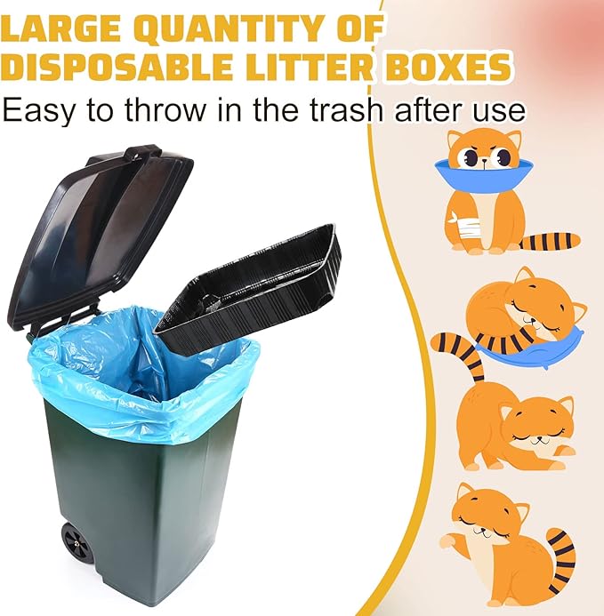 Zubebe 50 Pack Disposable Cat Litter Box for Cats, Large Disposable Kitty Litter Tray Boxes 19.69 x 15.75 x 3.94 Inches Plastic Pets Pan Standard for Indoor Home Travel Portable(Black)