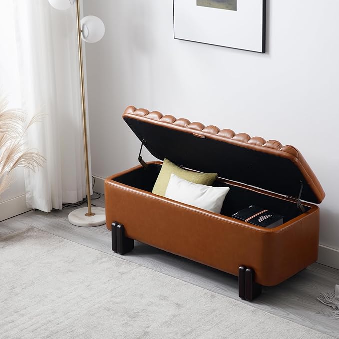 Wavy Ottoman Storage Bench Multi-Functional Narrow Entryway Bench Elegant End of Bed Bench with Storage and Safty Hinge for Living Room Entryway Hallway Bedroom Boutique, Brown