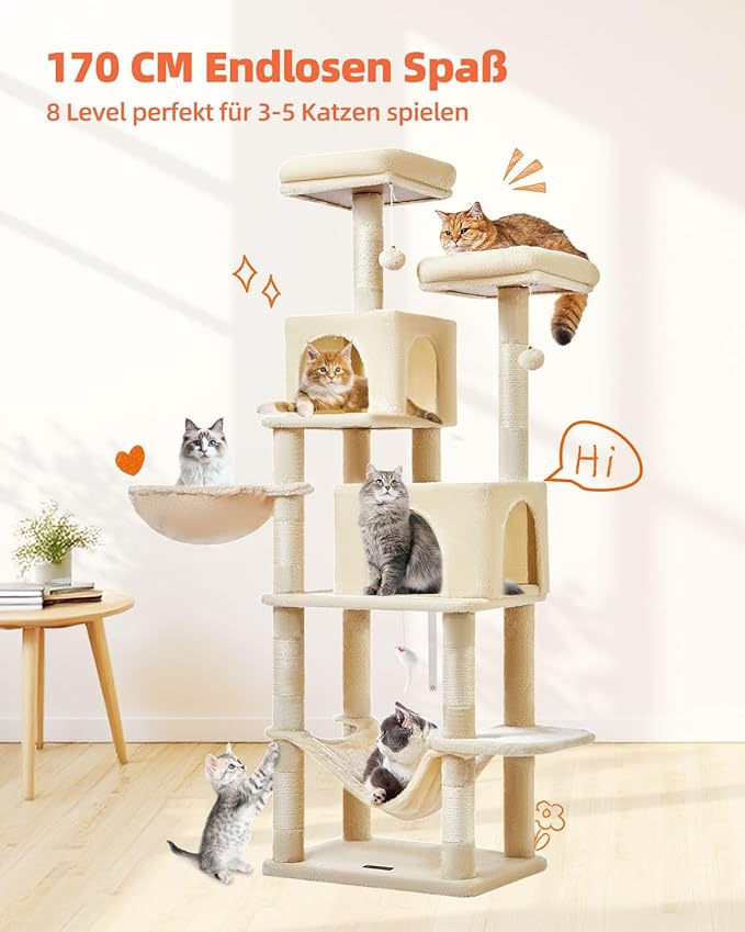 Taoqimiao Cat Tree, 66.2-Inch Cat Tower for Indoor Cats, Plush Multi-Level Cat Condo with 7 Scratching Posts, 2 Perches, 2 Caves, Hammock, 2 Pompoms, Beige MS013M