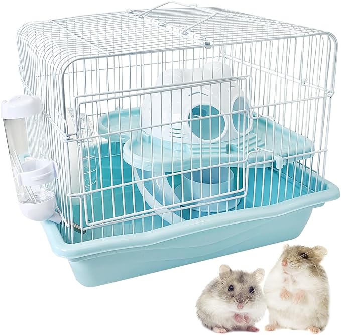 PINVNBY Dwarf Hamster Cage, Small Animal Cages, 2-Tier Travel Portable Mouse Cage Hamster Carrier with Castle House Running Exercise Wheels, Water Bottle and Food Dis(Blue)