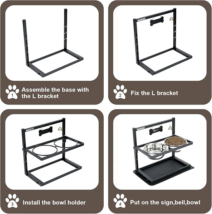 Elevated Slow Feeder Dog Bowls - Raised for Large Dogs, Adjustable Height, 2 Stainless Steel Bowls, Spill Proof Mat, Grey