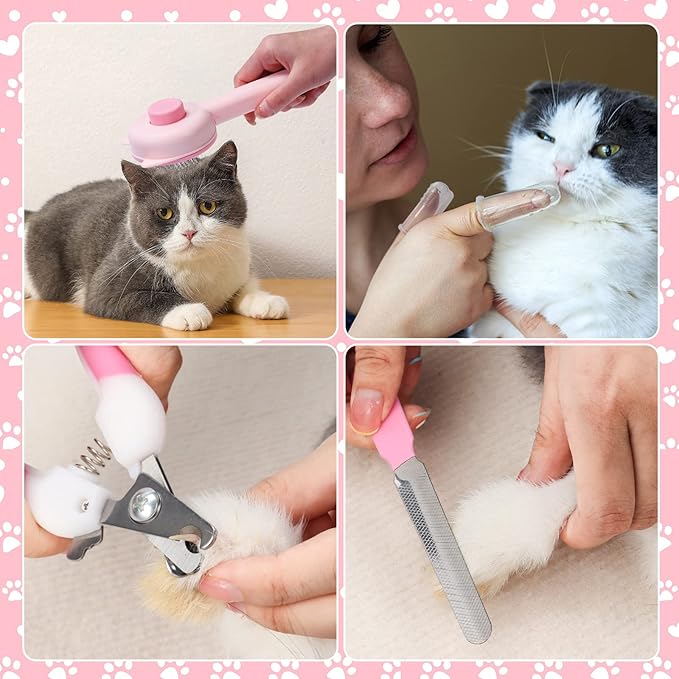 VCZONE 8 Pcs Cat Brush Grooming Kits, Pet Self Cleaning Kit with Pet Nail Clipper and File, Flea Comb, Pet Shampoo Bath Brush, Pet Shedding Brush, Silicone Toothbrush (Pink)