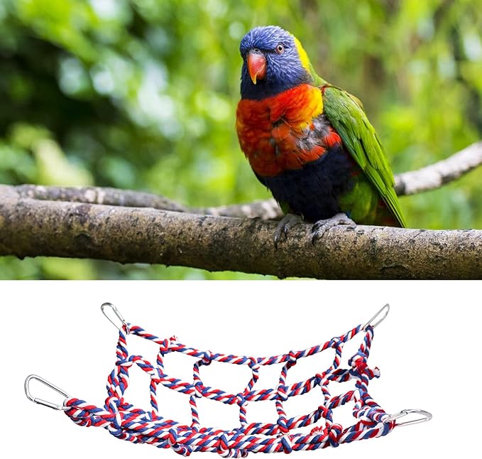 2 Pack Large Colorful Bird Rope Net, 14 × 10 Inches Rat Climbing Rope Net, Pet Hanging Hammock, Bird Ladder Rope Bridge, Small Animal Rope Net Toy, Cage Accessories for Rat Hamster Bird Ferret