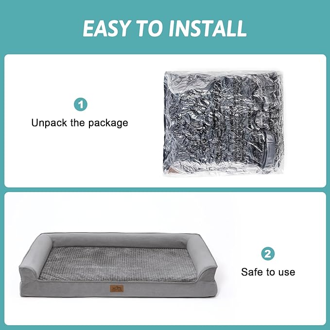 Orthopedic Dog Bed for Large Dog, XL Pet Couch for Extra Large Dog, Big Supportive Foam Bolster Sofa with Waterproof Lining Cover, Anti-Slip, Comfort, Washable, 42x30x7.5 in, U Shape, Grey