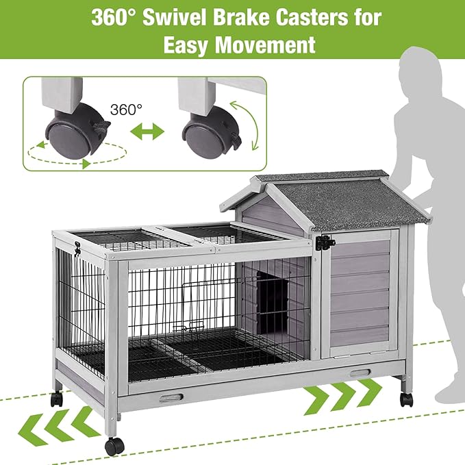 GUTINNEEN Rabbit Hutch Bunny Cage with Removable Wire Floor, Indoor/Outdoor Guinea Pig Cages with Leakproof Pull-Out Tray, 4 Lockable Wheels & Run Space