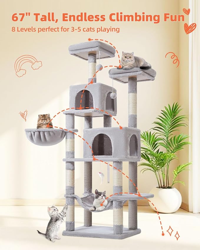 Taoqimiao 66-Inch Cat Tree Cat Tower for Indoor Cats, Plush Multi-Level Cat Condo with 7 Scratching Posts, 2 Perches, 2 Caves, Hammock, 2 Pompoms MS013W Light Gray