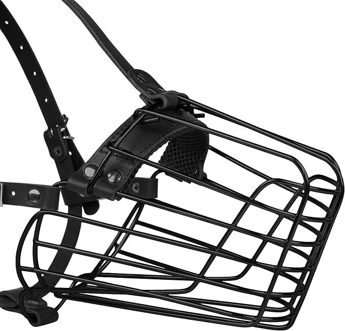 German Shepherd Dog Muzzle Metal Basket for Medium Large Dogs Adjustable Durable Leather Straps Secure Wire Mask for Biting Chewing Barking (Black, M - Size)