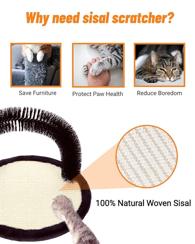 Happi N Pets Cat Self Groomer, Arch Grooming Brush wtih Heavy Duty Woven Sisal Pad, Rubbing Post & Catnip Toy, Cat Face Scratchers Body Massager, Cat Scratchers for Indoor Cats, Black