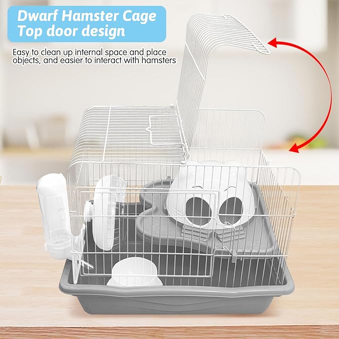 PINVNBY Dwarf Hamster Cage, Small Animal Cages, 2-Tier Travel Portable Mouse Cage Hamster Carrier with Castle House Running Exercise Wheels, Water Bottle and Food Dis(Gray)