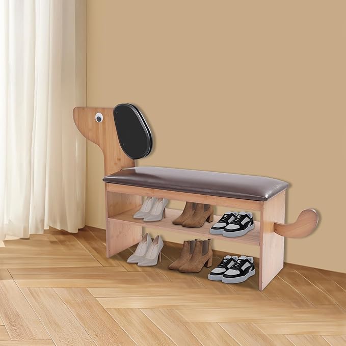 Cute Dog Shoe Bench with Cushion, 51.6”L x 11.8”W Puppy Shoe Storage Bench Dark Brown 2-Tire Bamboo Shoes Rack Bench for Entryway Living Room Hallway Bedroom 220Lbs Load Capacity