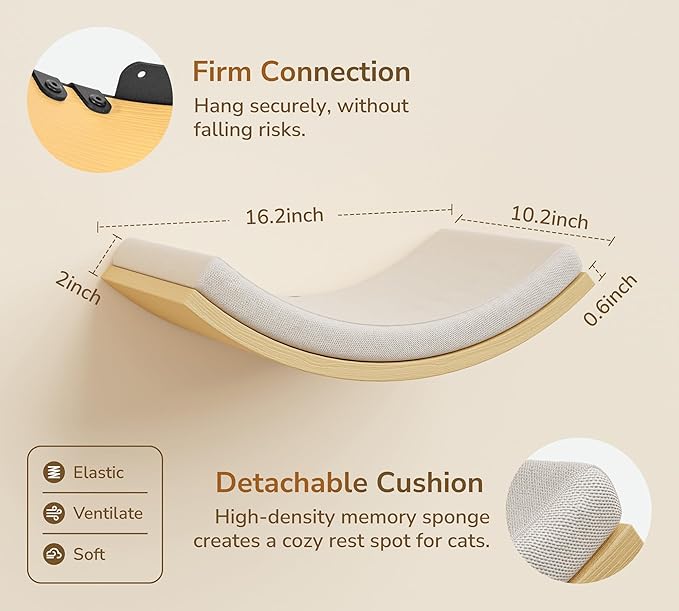 Cat Wall Shelf with Curved Hammock Bed, Wall Mounted Cat Perch with Beige Soft Foam Cushion, Floating Wall Furniture for Climbing, Sleeping & Lounging