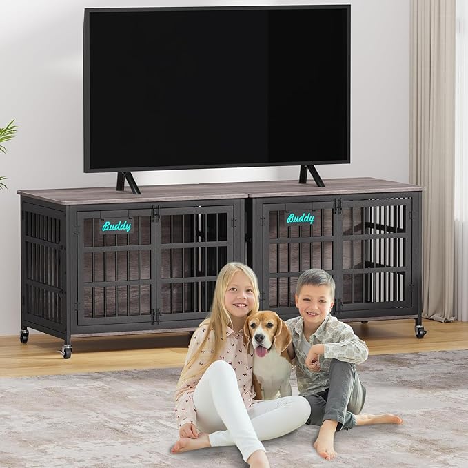 EasyCom 41"/33"/27" Dog Crate Furniture with Name Tag, Heavy Duty Dog Kennel Indoor for Medium Dogs, Double-Doors Sturdy Metal Dog Cage for Anxiety Dog, Decorate House as TV Stand, End Table