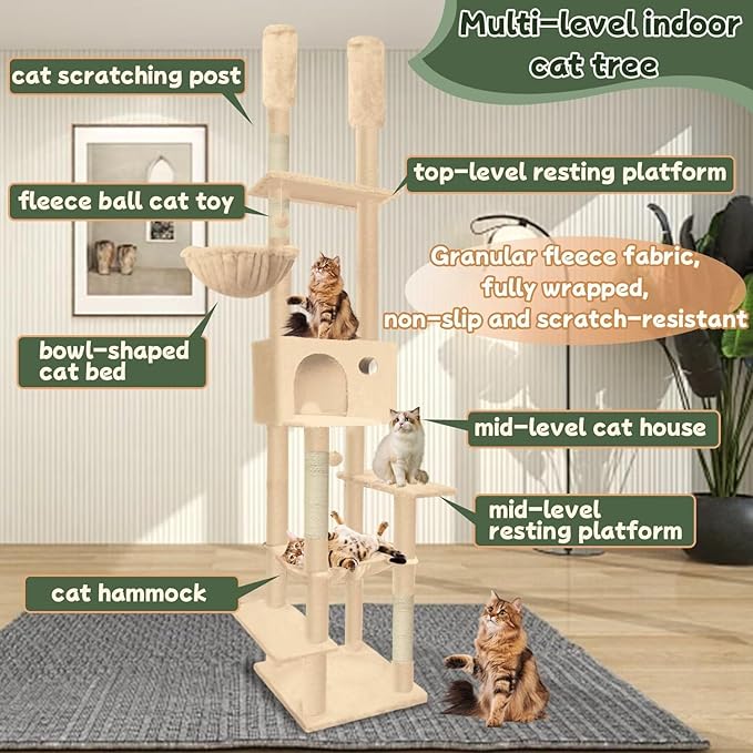 96.5"-108" Cat Tree Floor to Ceiling 7-Tier Cat Tower Adjustable Height with Scratching Posts, Cozy Hammock, Cat Condo for Indoor Cats(Beige)