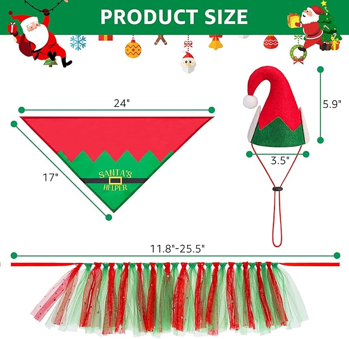 SCENEREAL Christmas Dog Bandana Dress with Hat Set, Pet Santa Costume for Small Medium Sized Dogs, Cute Tutu Skirt Outfit for Party Halloween