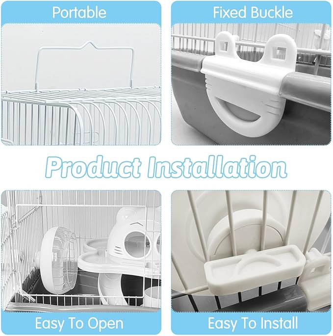 PINVNBY Dwarf Hamster Cage, Small Animal Cages, 2-Tier Travel Portable Mouse Cage Hamster Carrier with Castle House Running Exercise Wheels, Water Bottle and Food Dis(Gray)