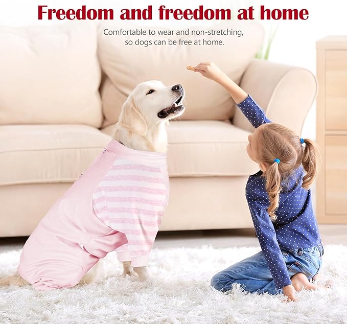 Dog Recovery Suit, Abdominal Wound After Surgery Wear, Anti Licking Bodysuit with Snaps, E-Collar & Cone Alternatives, Striped Dog Spay Surgical Pajamas Prevent Shedding(Small, Pink)