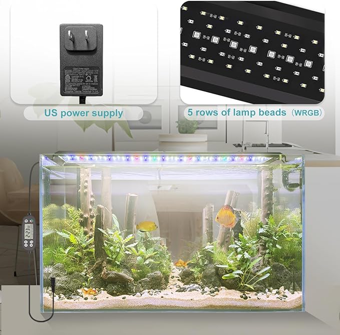 24/7 LED Aquarium Light, IP68 Waterproof Extendable Bracket Fish Tank Light with Timer, 7 Colors, 10 Level Adjustable Brightness, DIY Mode Full Spectrum Aquarium Plant Light for 12-18 Inch Fish Tank