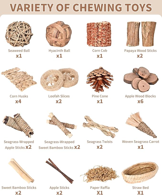 31PCS Rabbit Chew Treat Toys for Teeth Health, Natural Bunny Enrichment Toys for Boredom & Stress Relief, Keep Busy Toys for Guinea Pig Chinchilla Hamster Rat Gerbil Degu Indoor Outdoor