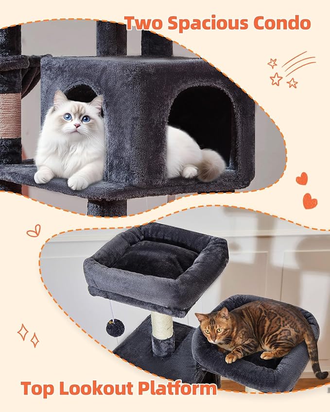 Taoqimiao Cat Tree, 66.2-Inch Cat Tower for Indoor Cats, Plush Multi-Level Cat Condo with 7 Scratching Posts, 2 Perches, 2 Caves, Hammock, 2 Pompoms, Smoky Gray MS013G