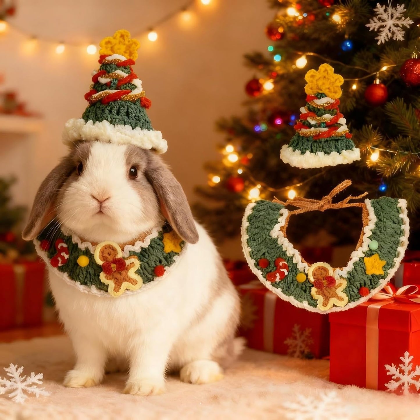 Christmas Dog Costume,Handmade Cat Holiday Outfit with Christmas Tree Hat & Gingerbread Man Scarf Set,Adjustable,Lightweight & Breathable Pet Accessories for Rabbit Xmas Party & Photos  (Small to Large size Pets)