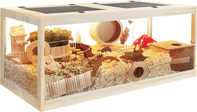 Hamster Cage with Lock Design,Large Hamster Enclosure with Openable Metal Mesh Top,Wooden Chewproof Gerbil Cage for Hedgehog Mouse Gerbil (48"x20"x20")