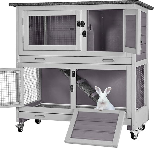 Rabbit Hutch Indoor Outdoor, Bunny Cage with Casters, Guinea Pig Cage Bunny Hutch with Two Plastic Trays 36inch
