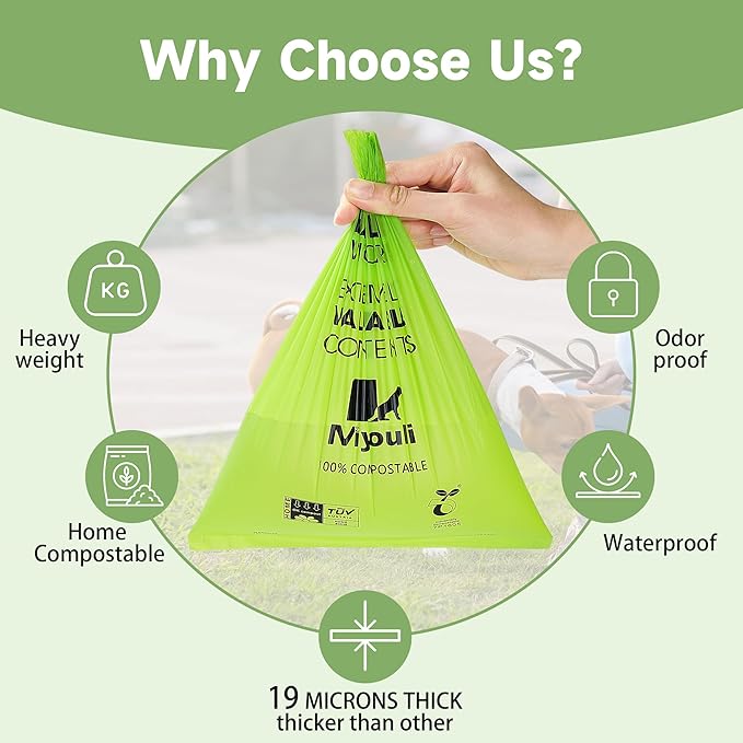 100% Certified Compostable Dog Poop Bag Rolls, 120 Bags (8 Rolls) Eco-Friendly Poop Bags for Dogs, Leak Proof Unscented Easy Open Poop Waste Bag(Green)