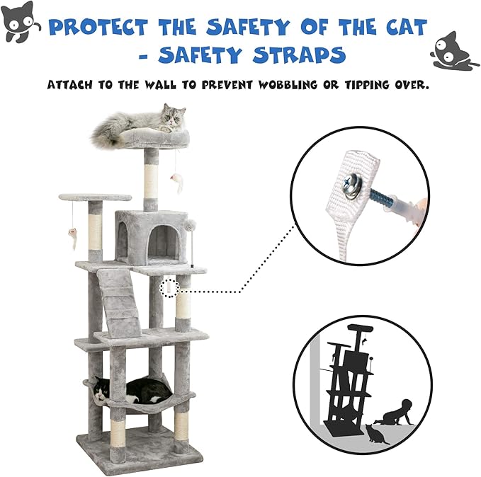 MWPO 63.8 inches Multi-Level Cat Tree for Large Cats with Sisal-Covered Scratching Posts, Padded Platform, Hammock and Condo,Stable Cat Tower Cat Condo Pet Play House-Light Gray