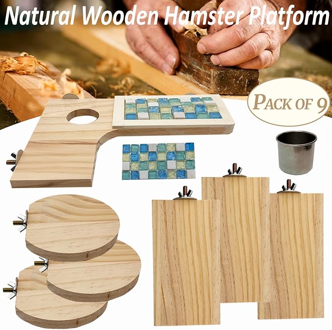 Wooden Hamster Cage Platform Set 9 Pack Wood Juvenile Chinchilla Shelves, Squirrel L-Shape Corner Ledge with Hole Cooling Standing Board, Rat Cage Accessories for Gerbil Small Animal Climbing