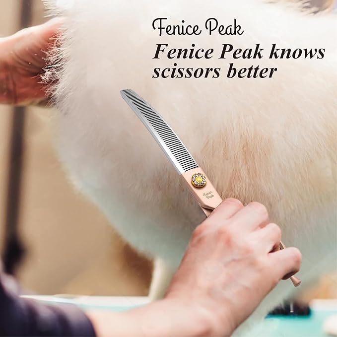 Fenice Peak Professional Curved Thinner Dog Grooming Scissors 7.0'' Rose Gold Thinning Shears Extremely Sharp Blades 440C Stainless Steel Thinning Shears Durable Smooth Fine Cut for Dogs and Cats.
