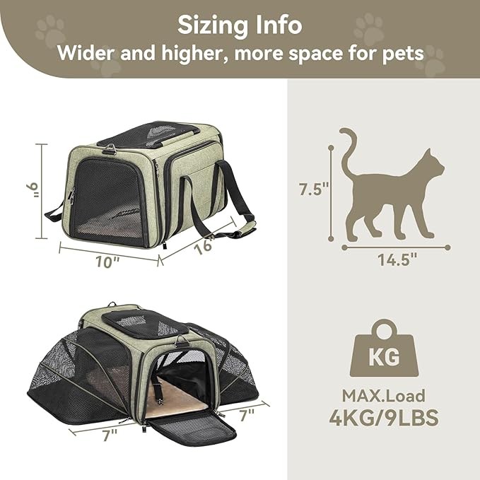 Petsfit Expandable Rabbit Carrier Cat Carriers, 16 Inch Airline Approved Pet Carrier with 2 Extensions, Soft Washable Cushion, Self-Locking Zipper Head, Built-in Safety Rope, Fit for Travel