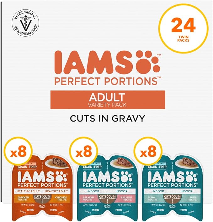 IAMS Perfect Portions Adult Wet Cat Food Cuts in Gravy, Chicken, Tuna, and Salmon Recipe Variety Pack, 2.6 oz. Easy Peel Twin-Pack Trays (24 Count, 48 Servings)