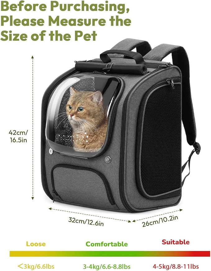 Pecute Cat Backpack Carrier, Large Space Cat Bubble Backpack, Breathable Cat Carrier, Shaded Dog Backpack Carrier, Ergonomic 3D Design for Travel, Hiking, Suitable for Shopping, and Vet, Gray