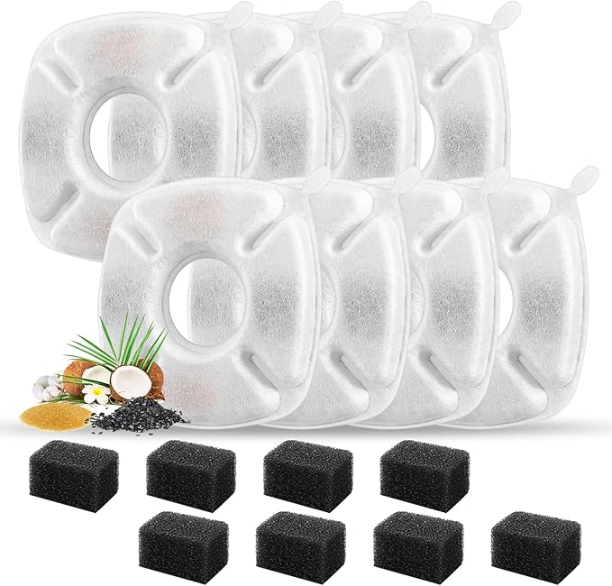 16 Pcs Cat Fountain Replacement Filters 8 Pack Cat Water Fountain Replacement Filters with 8 Pack Pre-Filter Sponges, Pet Fountain Filter Fit for 95oz/2.8L Automatic Pet Fountain Cat Water Fountain