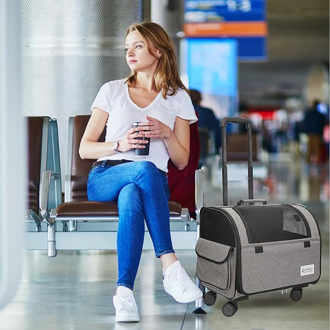 Dog Travel Bag with Removable Rolling Wheels, Airline Approved Pet Carrier, Foldable Cat Bag with Breathable Mesh, Pet Stroller(Grey)