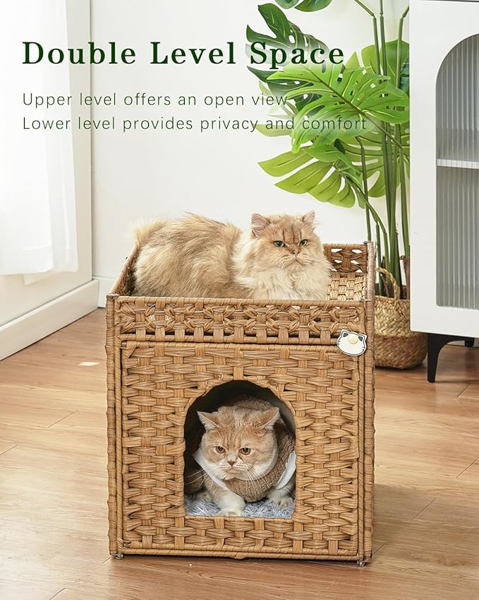 Cat Beds for Indoor Cats Extra Large Double Cat Cave Pet Cube, Handwoven Rattan Cat Houses with Double-Sided Soft Cushions, 18.5 x 20.5 x 19.1 Inches Foldable Hideaway in Living Room Natural