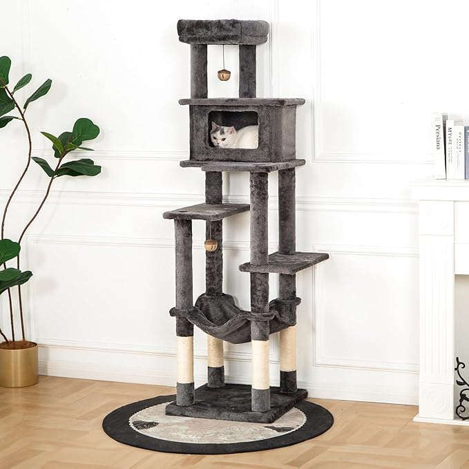 KITTY KINGDOM 65in Large Cat Tree Condo Furniture for Indoor Kitties, Multi-Level Cat Tower with 4 Scratching Posts, Cat Cave, Hammock, Perch & Reinforced Base, Plush Gray