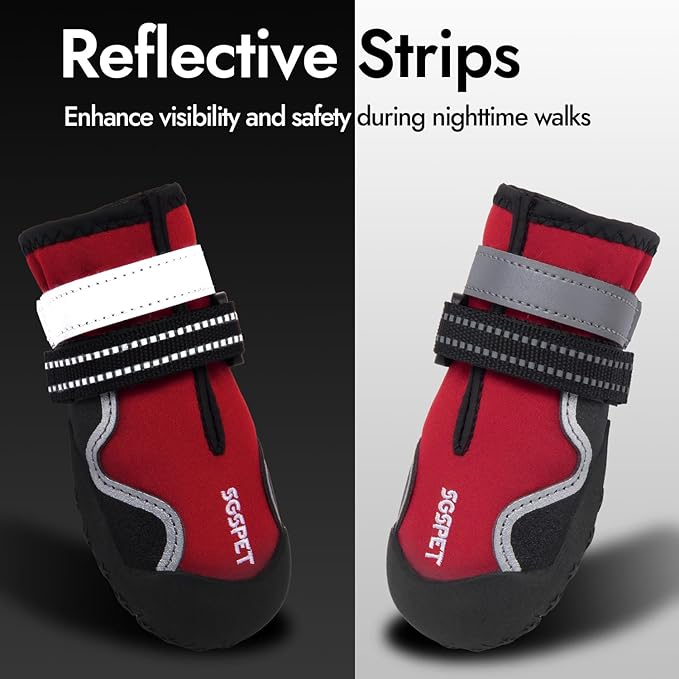 Dog Shoes, Waterproof Dog Boots & Paw Protectors with Anti-Slip Sole, 4pcs/Set Pet Dog Booties, Reflective Dog Shoes for Small Medium Large, Winter Snowy Summer Hot Pavement (Red, 7# (XL))