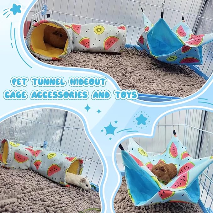Large Caliber Guinea Pig & Rat Tunnel Hideout & Hammock, Corner Hideout Toy for Guinea Pig, Ferret, Hedgehog & Piggy to Hide and Shuttle (3. Hammock&Tunnel-Watermelon)
