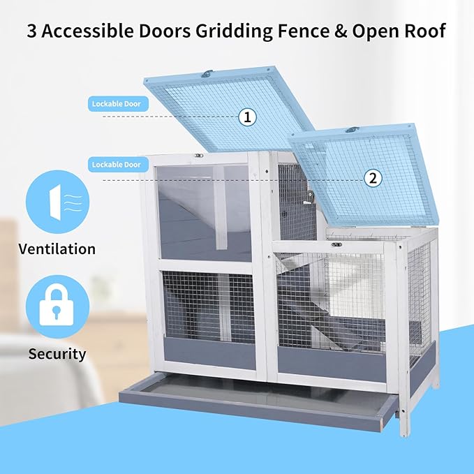 2-Story Guinea Pig Cages Wooden Indoor Rabbit Hutch Hamster Cage with Openable Roofs, Removable Tray and Wide Ramp, Small Animal Habitats for Hamsters, Guinea Pig, Ferrets, Hedgehog