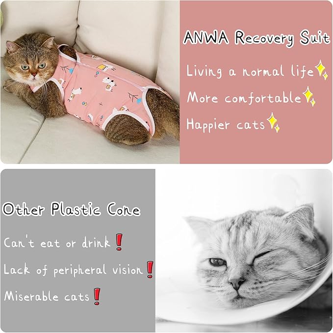 ANWA 2 Pack Cat Recovery Suit - Breathable Cat Onesie for Cats After Surgery Female, Kitten Surgery Recovery Suit Female Abdominal Wounds