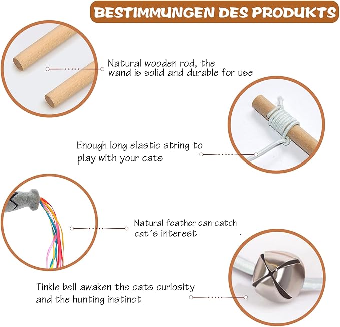 Natural Wood Cat Wand Toy with Ribbon Fish Teaser - 3pcs, 16 Inch, Indoor Cat Exerciser & Playing Kitten Toy, Bonus 5pcs Catnip Sticks for Teeth Cleaning