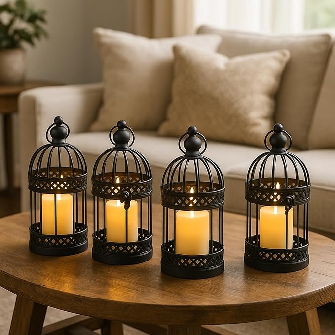 Vela Lanterns Birdcage Decor Candle Holder Lantern Decorative Table Centerpiece Halloween Decorations, Black, Small, Set of 4